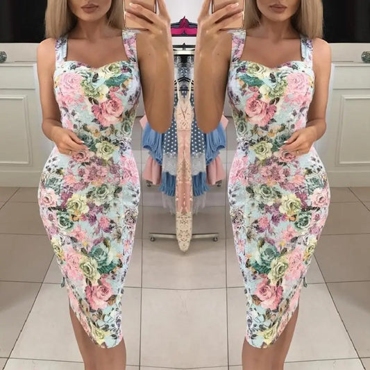 Vintage Pink Rose Flower Printed Sleeveless Bodycon Midi Dress