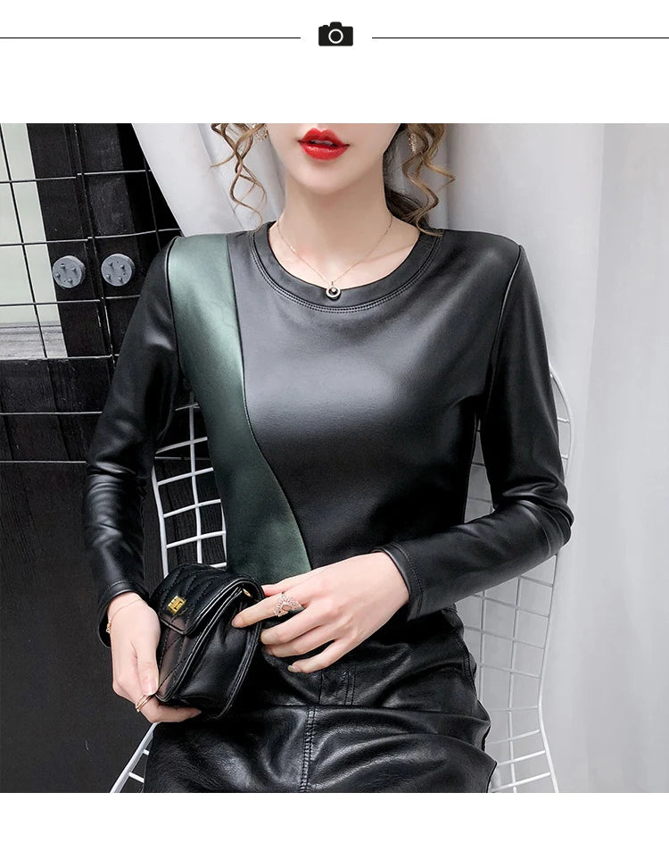 PU Leather O-Neck Colorblock/Solid Velvet Lined Long Sleeve Patchwork Elastic Women's Shirt to 4X Plus Size