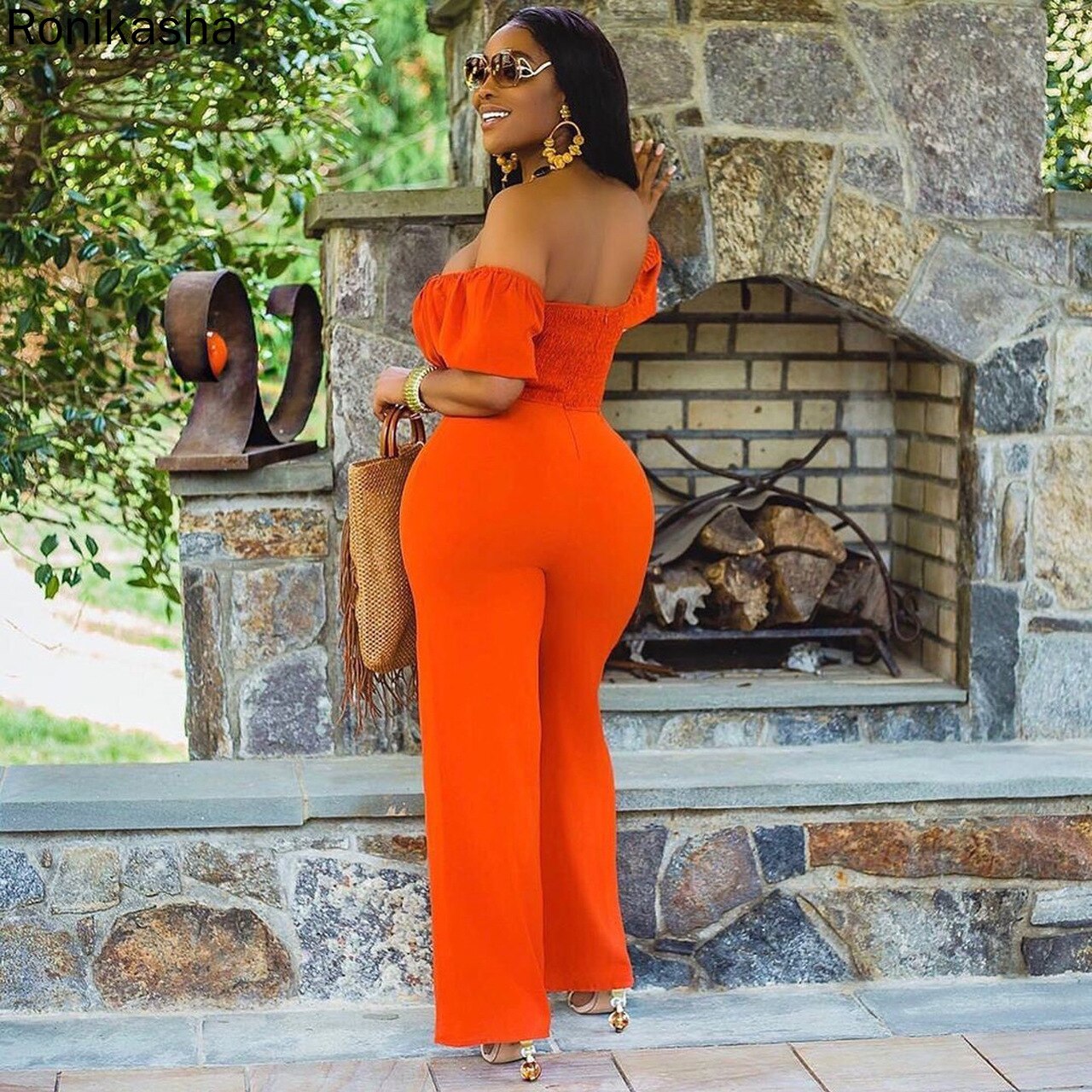 Crop Top Off Shoulder Short Sleeve High Waist Wide Leg Jumpsuit