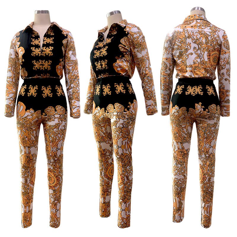 Plunge Neck Turn-Down Collar Long Sleeve Bodysuit + Matching Pants 2-Piece Set