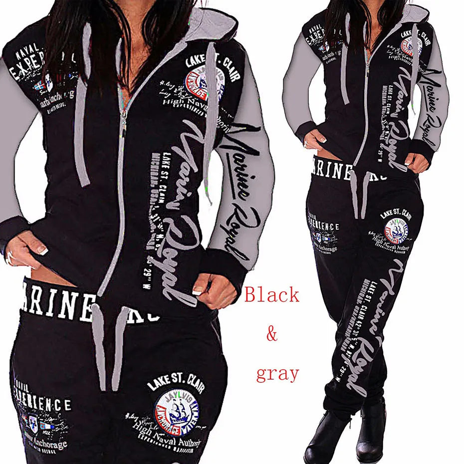 Hip Hop Letter Graphic Printed Hoodie + Matching Sweatpants Women's Tracksuit