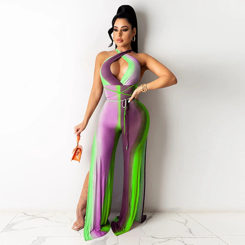 Gradient Deep V-Neck Halter Bandage Double Split Flare Leg Jumpsuit