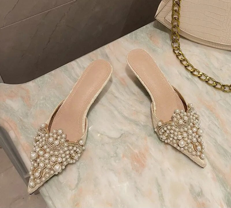 Pearl Crystal Patchwork Slip-On Thin Heel Mule Pumps