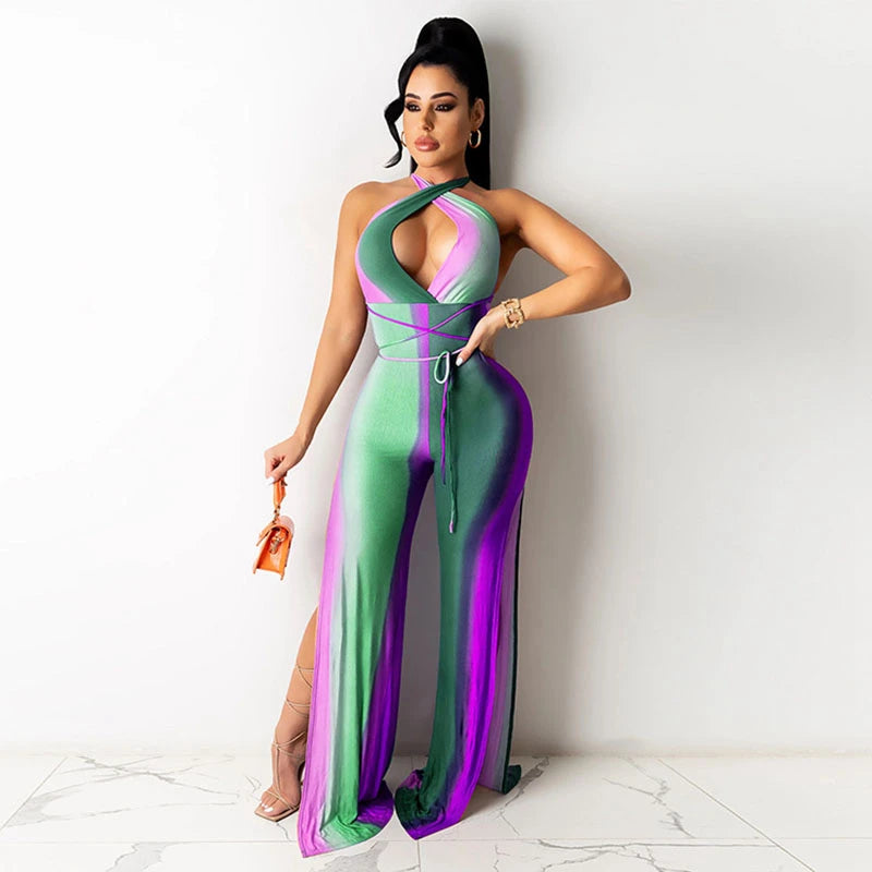 Gradient Deep V-Neck Halter Bandage Double Split Flare Leg Jumpsuit