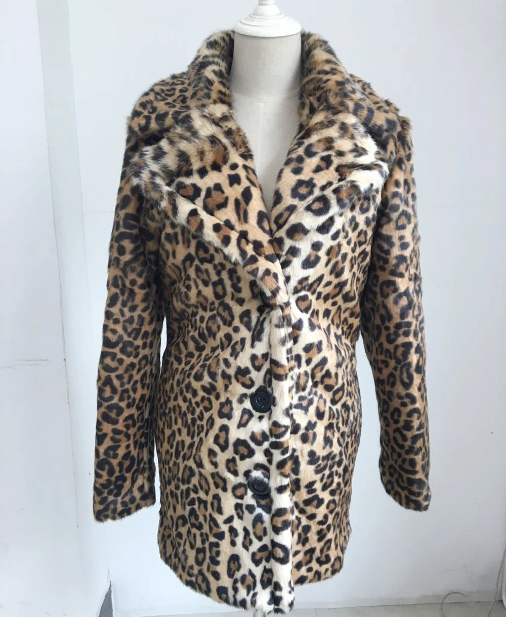 Leopard Faux Fur Turn-Down Collar Women's Coat