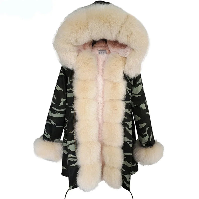 Colorblock Real Fur Oversized Collar Hip-Hop Design Women's Hooded Full Pelt Trenchcoat