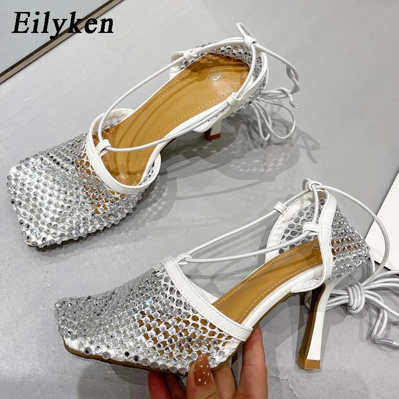 Mesh Rhinestone Bling Crystal Square Toe Fishnet Hollow Ankle Cross-Tied Pumps