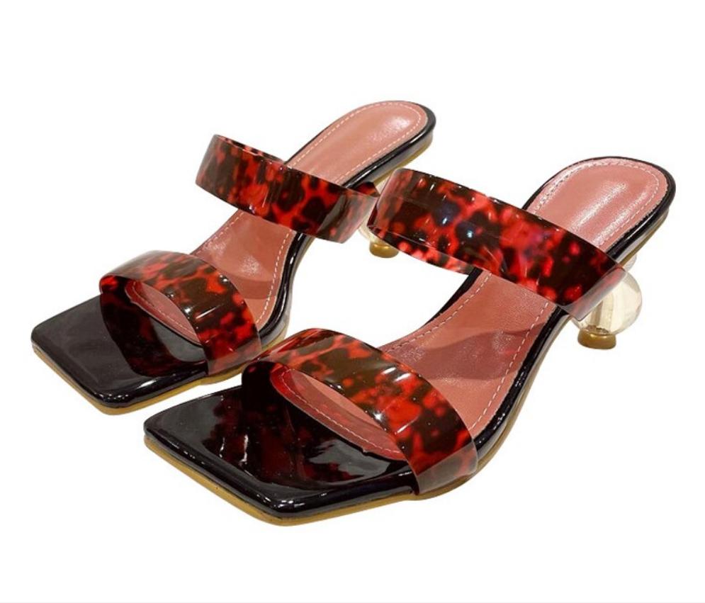 Leopard/Clear Open Square Toe PVC Transparent Crystal Grain Sandals