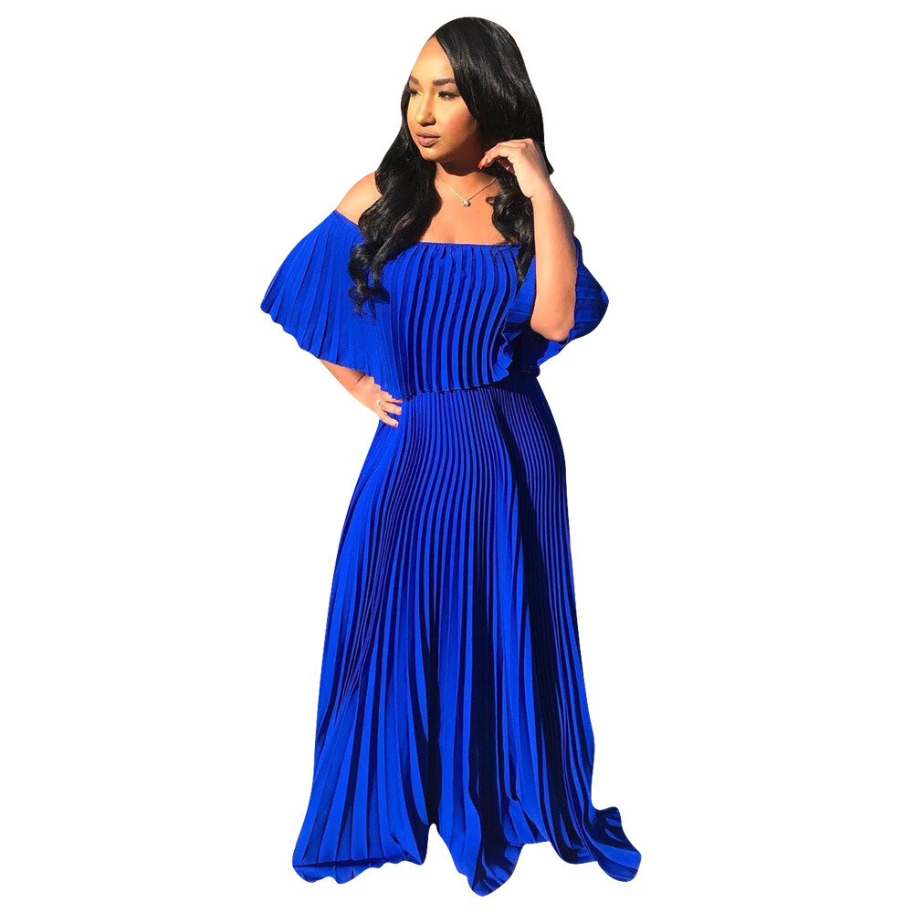 Pleated Solid Color Off-the-Shoulder Maxi Dress