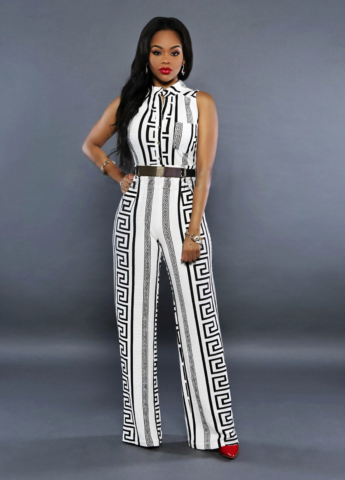 Geometric Black/White V-Neck Sleeveless Belted Jumpsuit