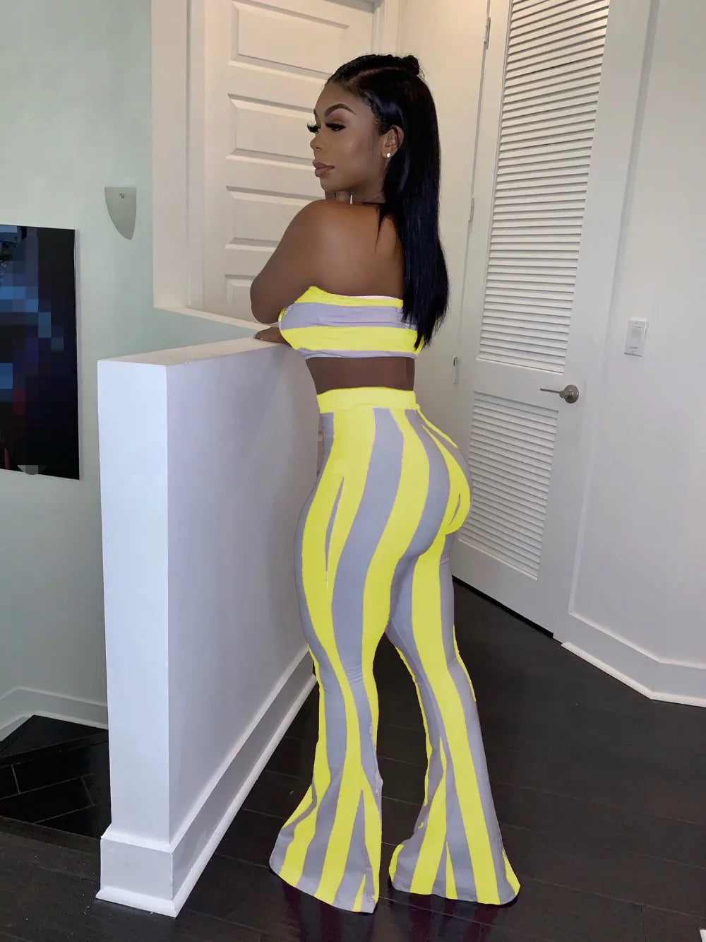 Sleeveless Striped Colorblock Tube Top+ Bodycon Flared Leggings Women's 2-Piece Set