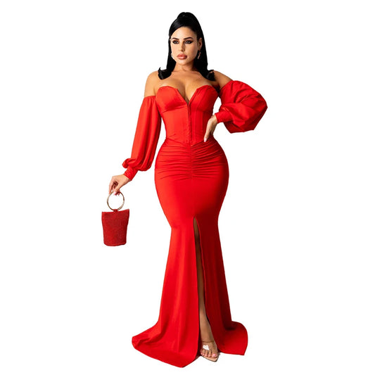 Flared Solid Corset Strapless Off-the-Shoulder Long Lantern Sleeve Pleated High Split Bodycon Maxi Dress