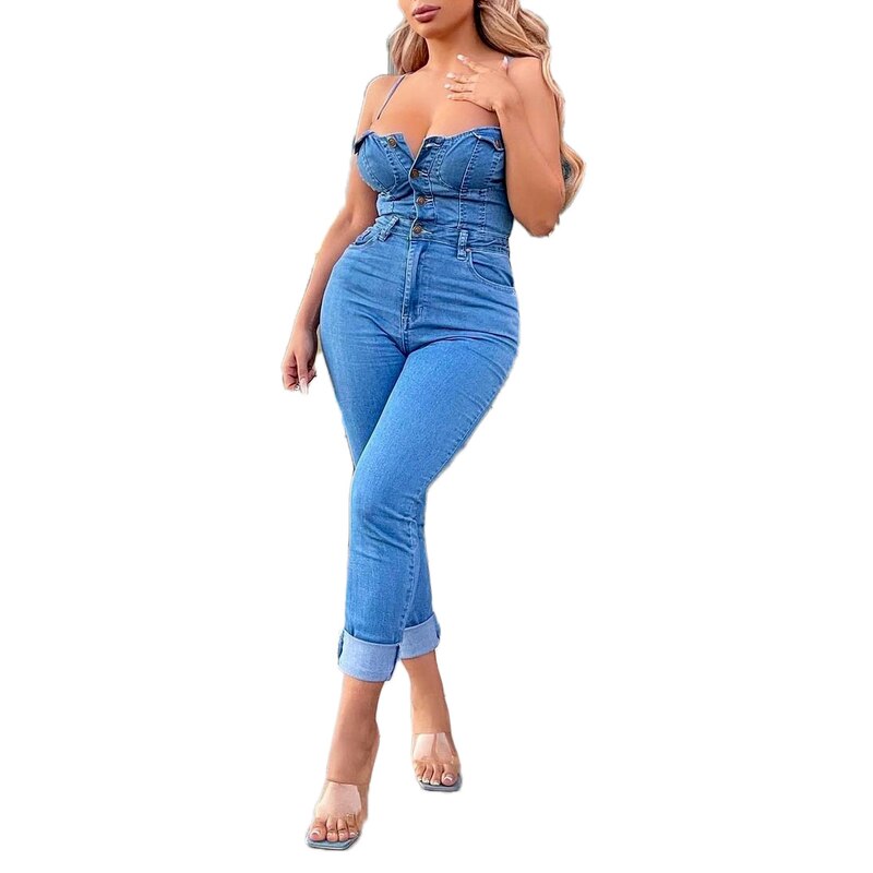 Pocket Button Design Skinny Tube Top Jean Jumpsuit