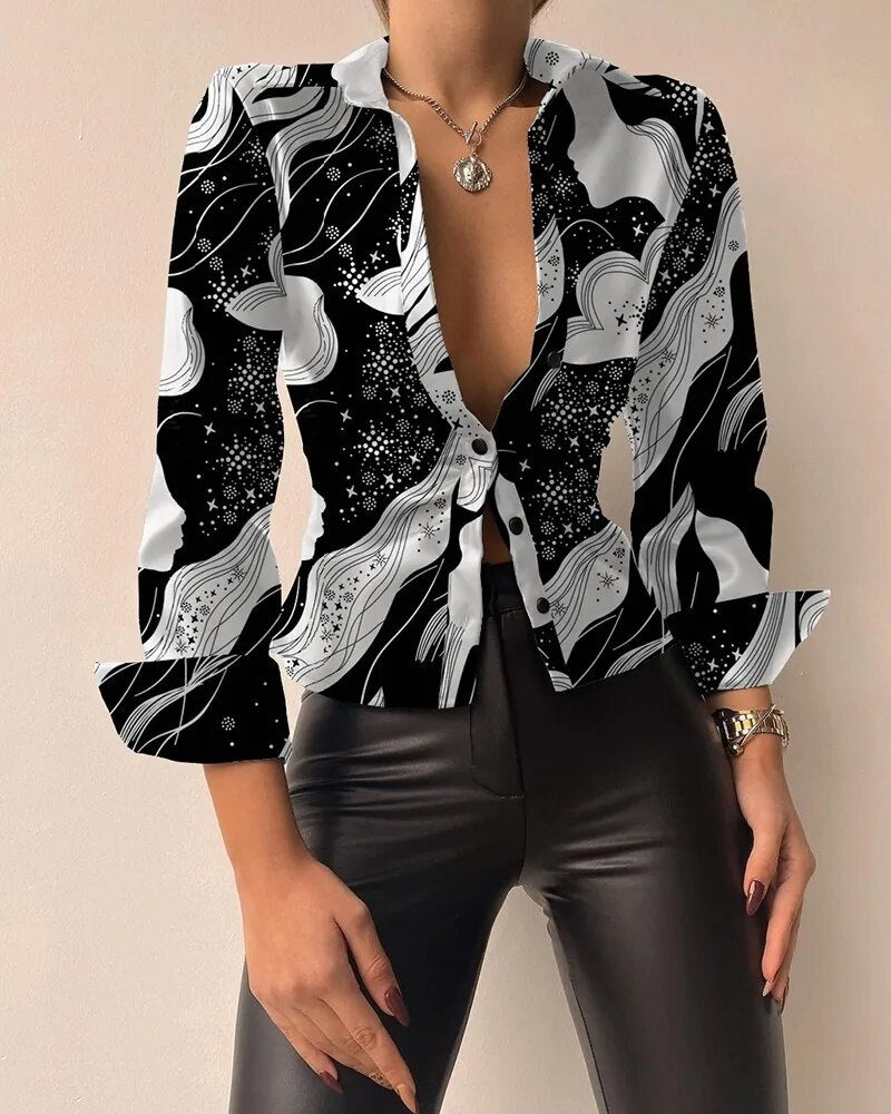 Faux Leather Turn-Down Collar Geometric/Plaid/Mock Denim/Houndstooth Print Deep V-Neck Blouse