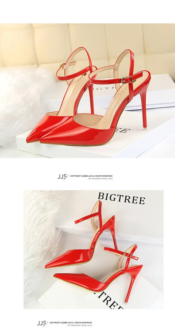 Patent Leather Stiletto Heel Buckle Strap Solid Color Sandal Pumps