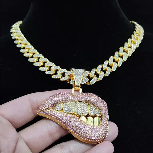 Pink Bite Lip Pendant Crystal Iced Out Hip-Hop Cuban Link Chain Necklace