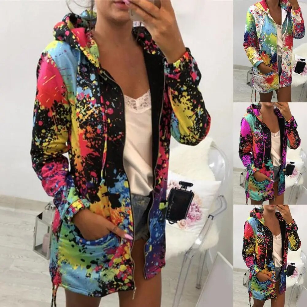 Graffiti Print Oversized Zipper Cardigan Women's Retro Sweatshirt