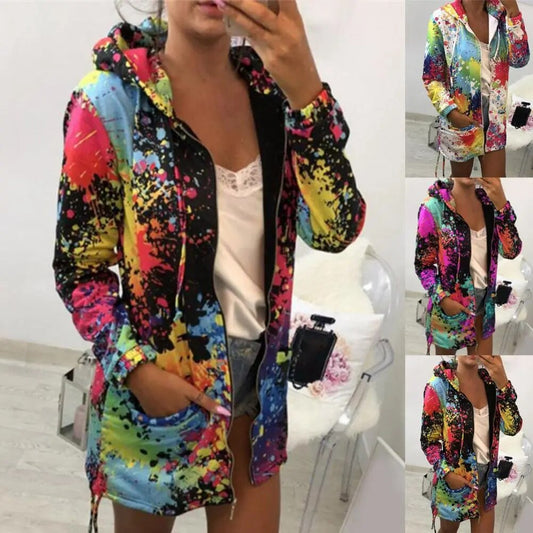 Graffiti Print Oversized Zipper Cardigan Women's Retro Sweatshirt