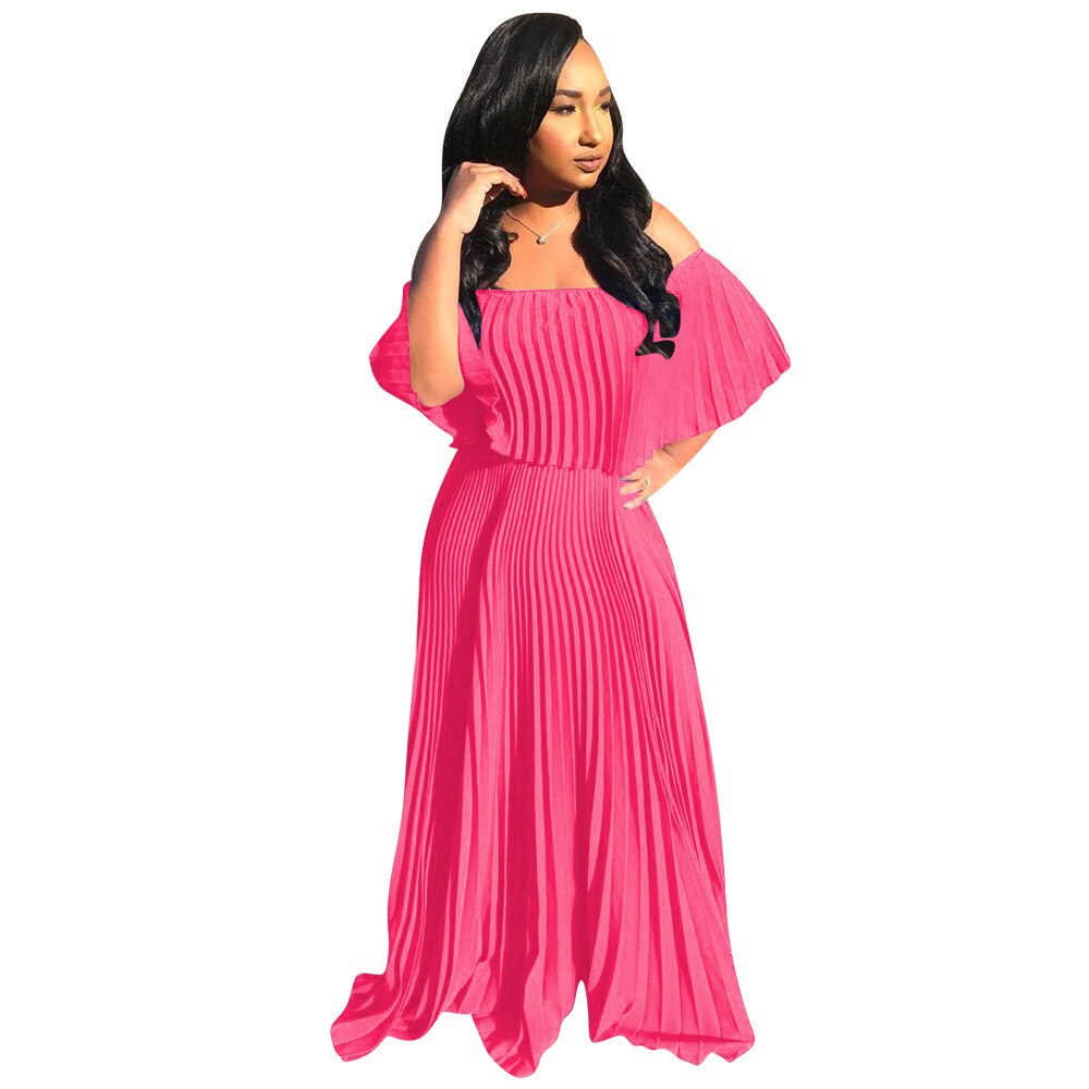 Pleated Solid Color Off-the-Shoulder Maxi Dress