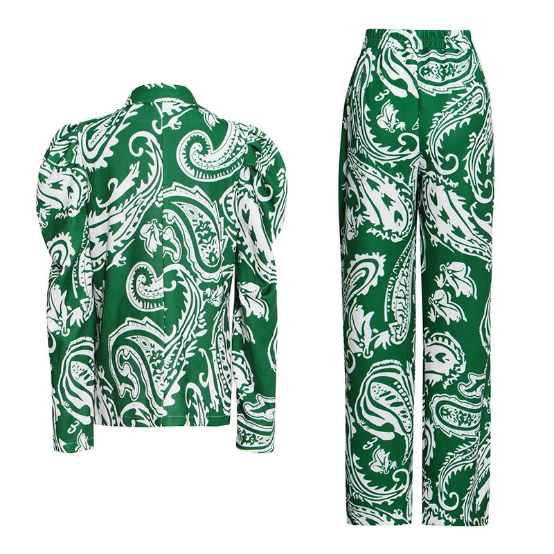 Paisley Green/White Women's Lapel Collar Puff Sleeve Blazer + High Waist Loose Pants 2-Piece Set