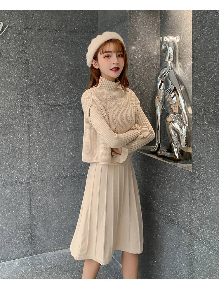 Solid Long Sleeve Pullover Sweater + Knitted Pleated Midi Skirt 2-Piece Set