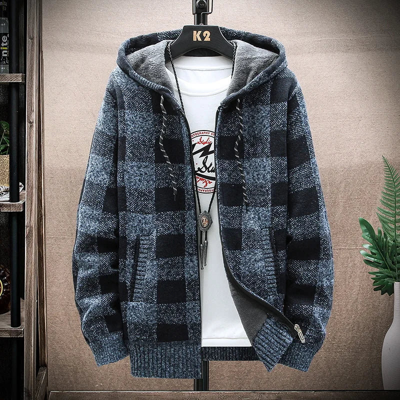 Men's Plaid Wool Zipper Cardigan Hoodie Sweater Jacket
