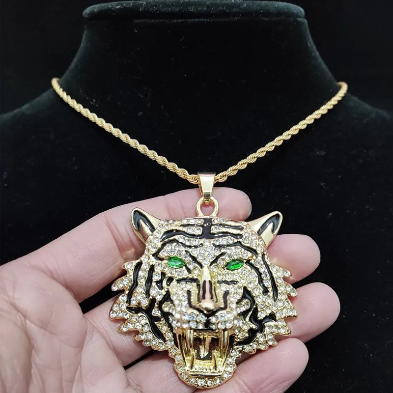 3D Tiger Pendant Crystal Cuban Chain Hip-Hop Iced Out Bling Chain Necklace