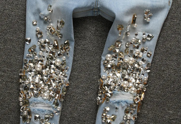 Embellished Women's Beaded Rhinestone Diamond Denim Holey Skinny Pencil Jeans