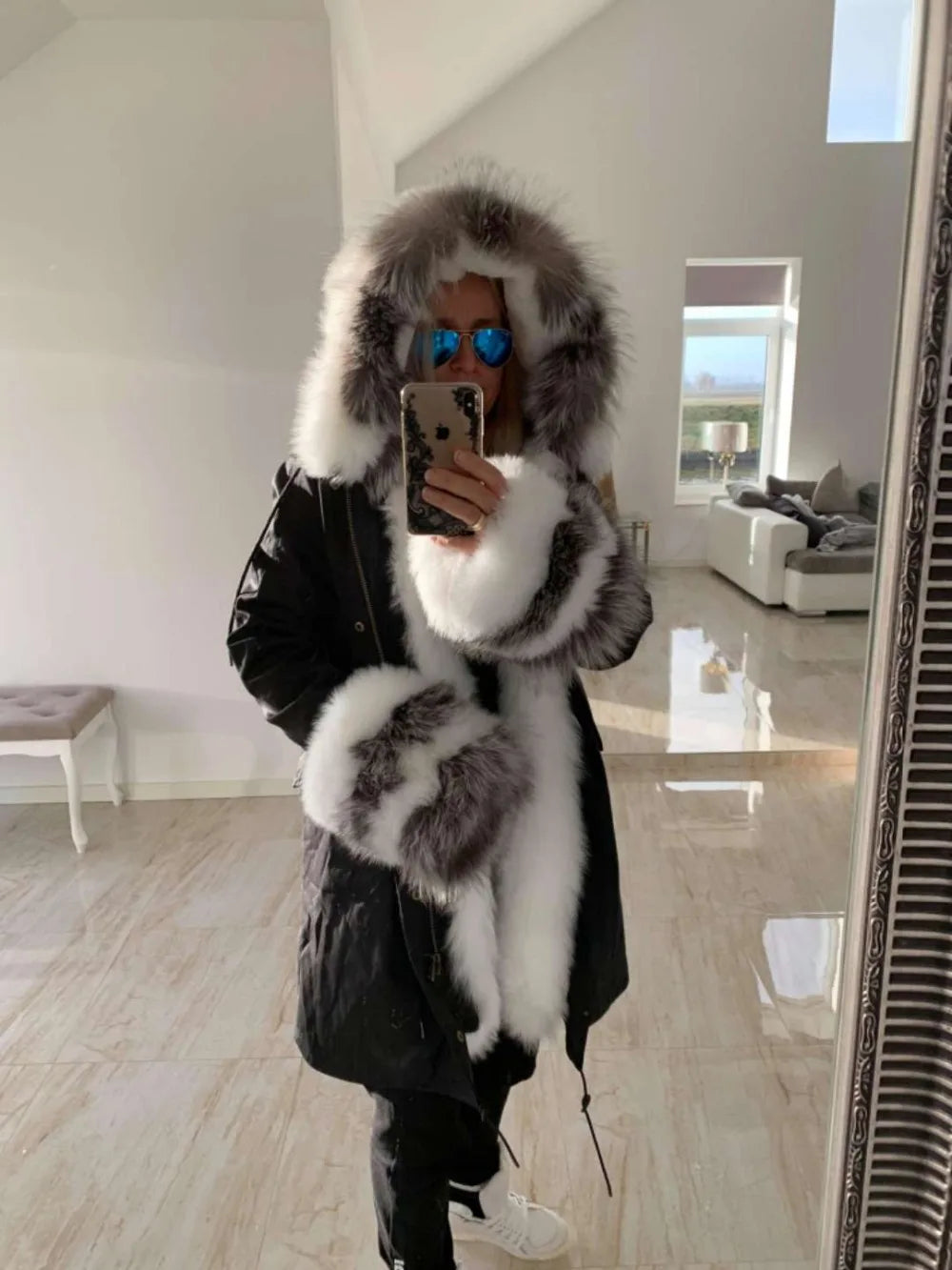 Colorblock Real Fur Oversized Collar Hip-Hop Design Women's Hooded Full Pelt Trenchcoat