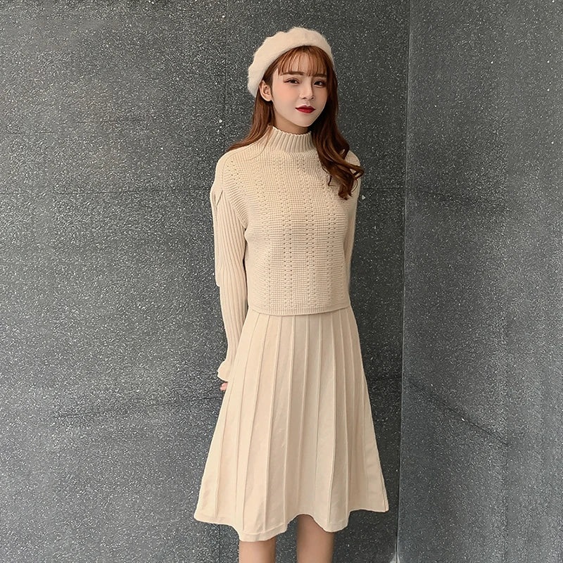 Solid Long Sleeve Pullover Sweater + Knitted Pleated Midi Skirt 2-Piece Set