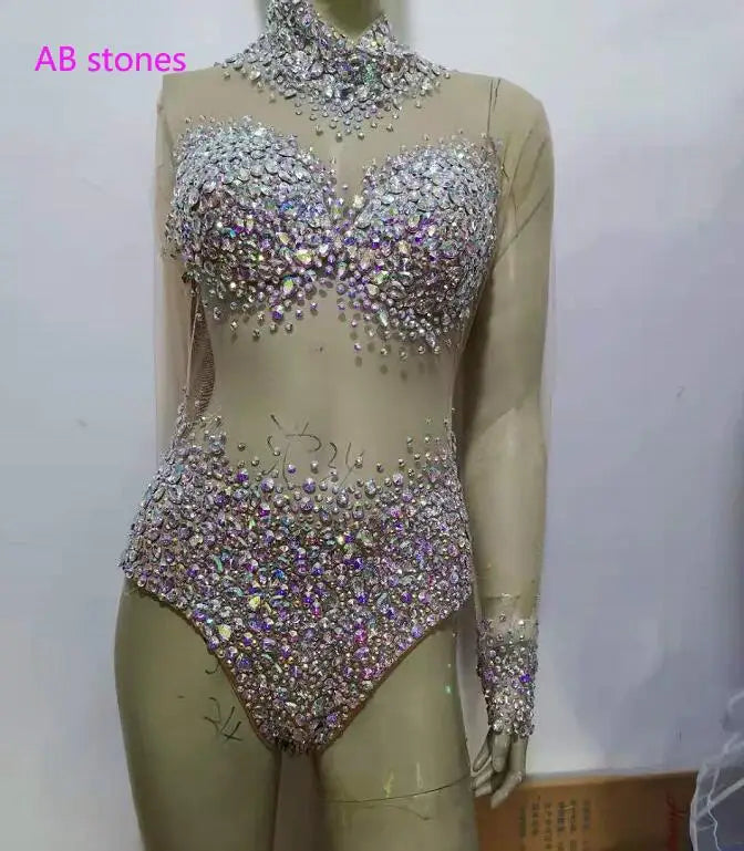 Embellished Rhinestone Mesh Transparent Bustier Bodysuit