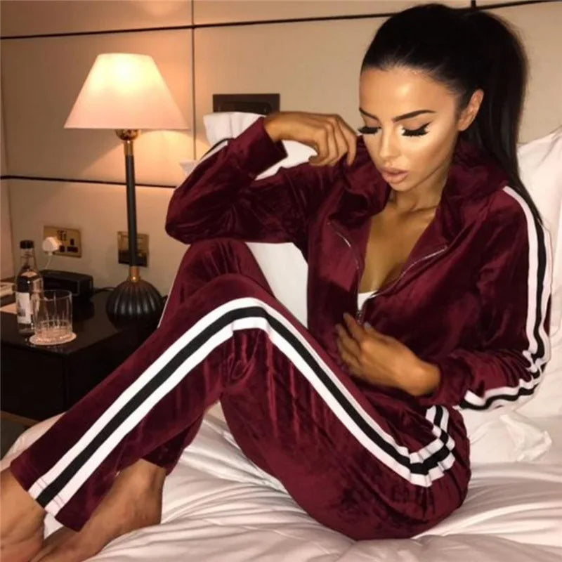 Velvet Ladies Side Striped Zipper Hooded Tracksuit