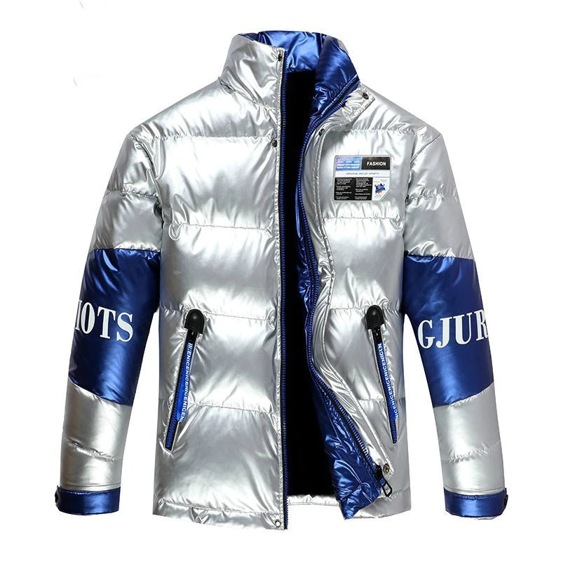 Detachable Hood Shiny Waterproof Men's Metallic Letter Print Stand Collar Puffer Bomber Jacket to 4X