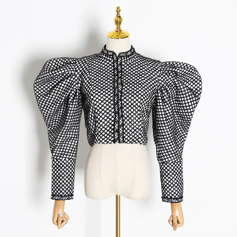 Plaid Butterfly Collar Puff Long Sleeve Ruched Short Jacket