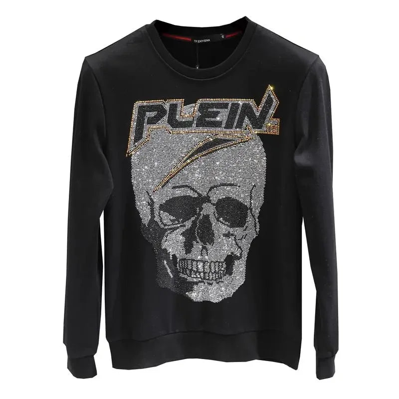 Designer Men's Rhinestone Skull "PLEIN"/Wakanda Print Pullover Diamond Hiphop Streetwear O-Neck Long Sleeve T-Shirts