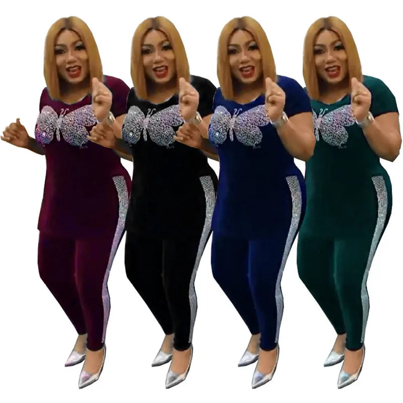 Velvet Rhinestone Butterfly Design Women's Velour Short Sleeve Top + Leggings 2-Piece Set