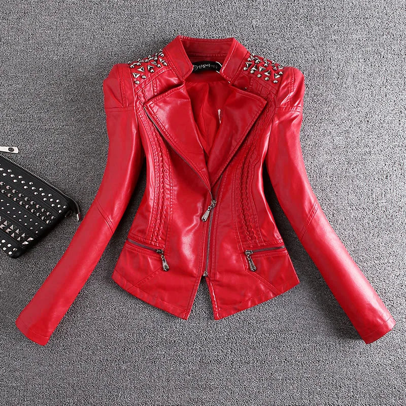 Rivet Design PU Leather Skinny Fit Women's Motorcycle Biker Jacket