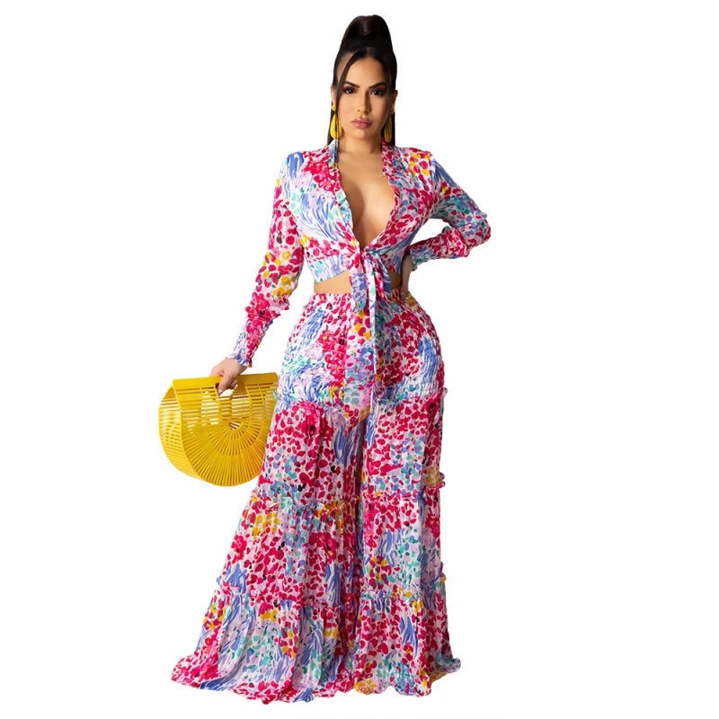 Paisley Floral Tie Front Women's Printed Long Sleeve Bodycon Crop Top + Baggy Pleated Pants 2-Piece Set