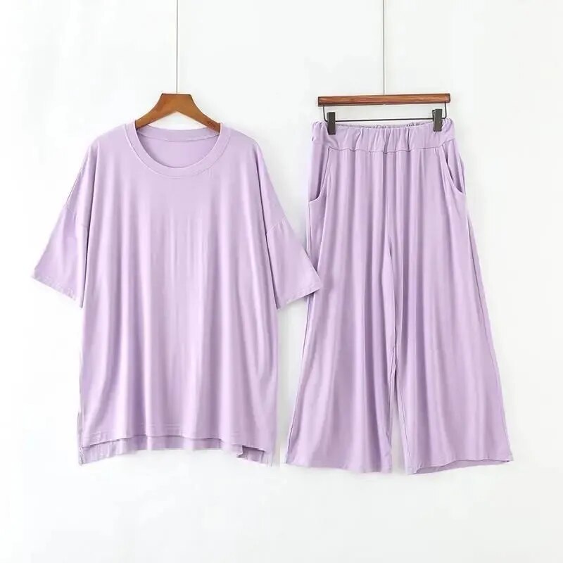 Women's Modal Pajamas Sets: Short Sleeve Top + Calf-Length Pants