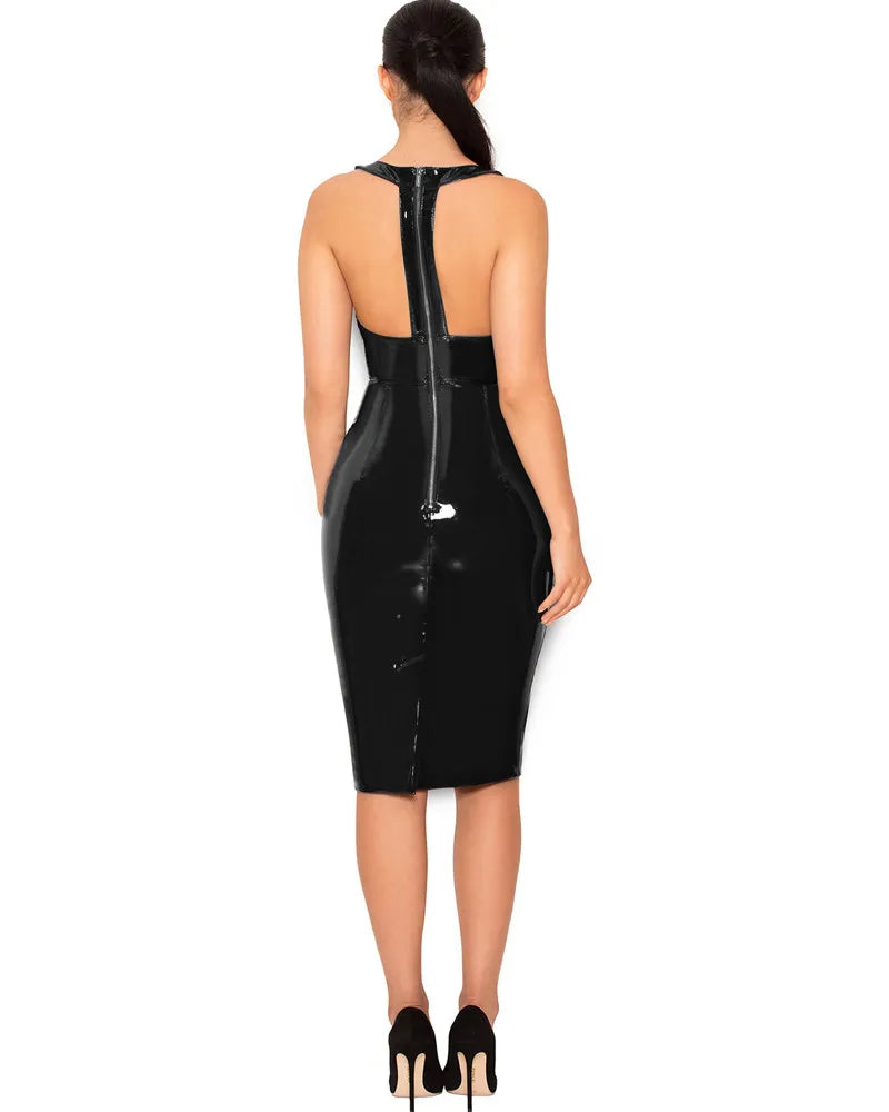 PVC Latex Faux Leather Pencil Slim Sleeveless Bodycon Midi Dress to 6X