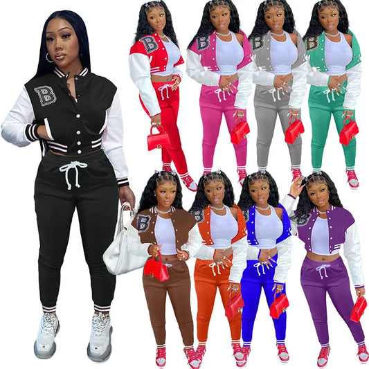 Striped Women's O-Neck Varsity Crop Letterman's Baseball  Bomber Jacket + Matching Sweatpants Tracksuit