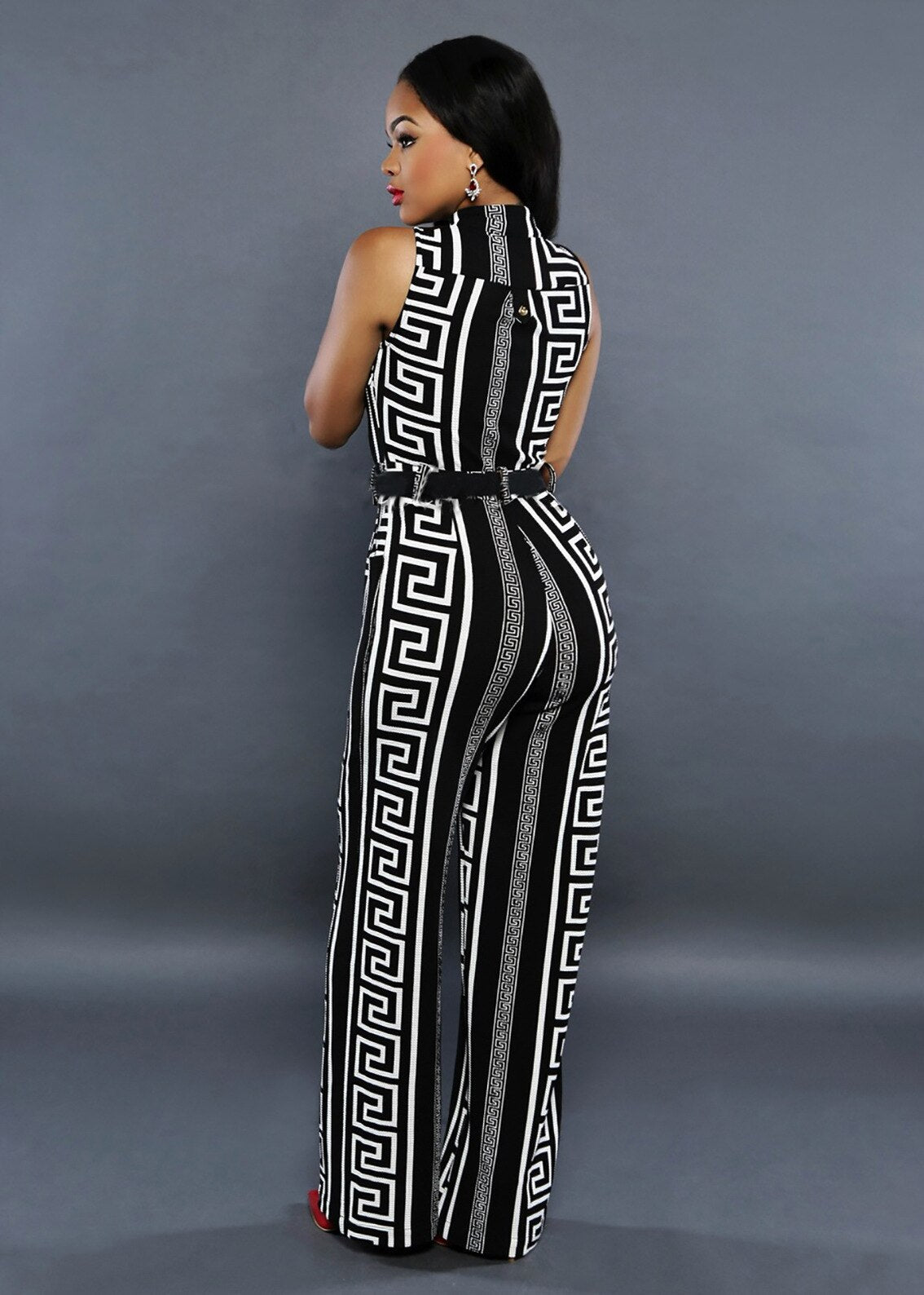 Geometric Black/White V-Neck Sleeveless Belted Jumpsuit