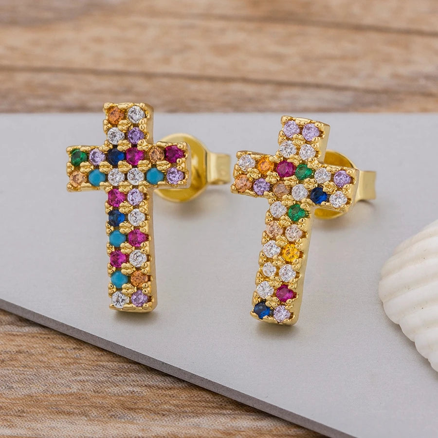 Rainbow Cross Gold Color Micro Paved CZ Earrings