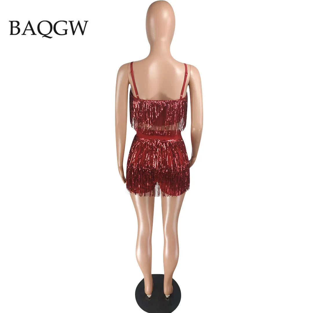 Sequined Tassel Design Women's Spaghetti Strap Crop Tank Top + Matching Mini Shorts 2-Piece Set