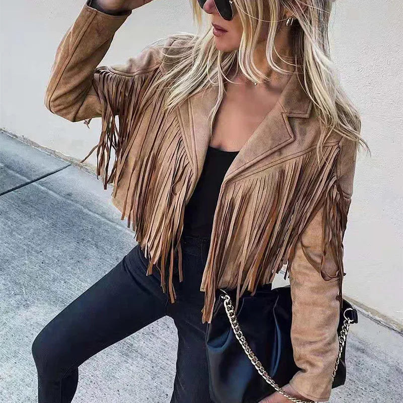 Tassel Fringe Detail Women's Cropped Faux Suede Western Cowgirl Jacket