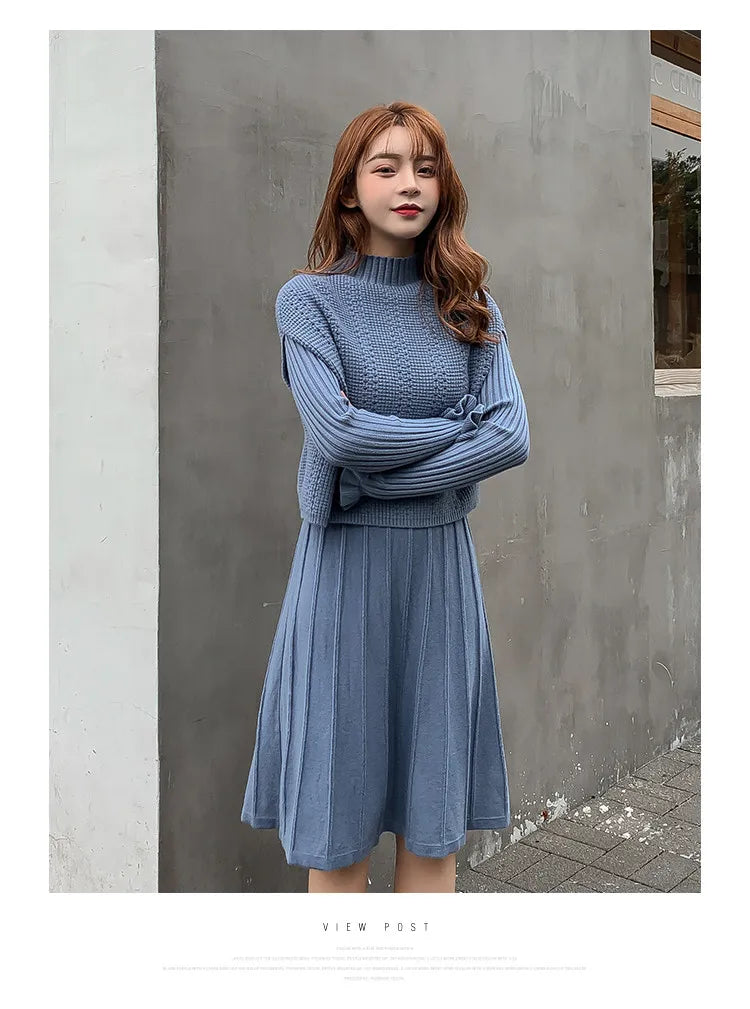 Solid Long Sleeve Pullover Sweater + Knitted Pleated Midi Skirt 2-Piece Set