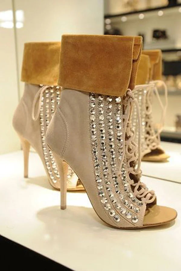 Bling Crystal Embellished Peep Toe Cross Tie Thin Heel Ladies Gladiator Ankle Boots