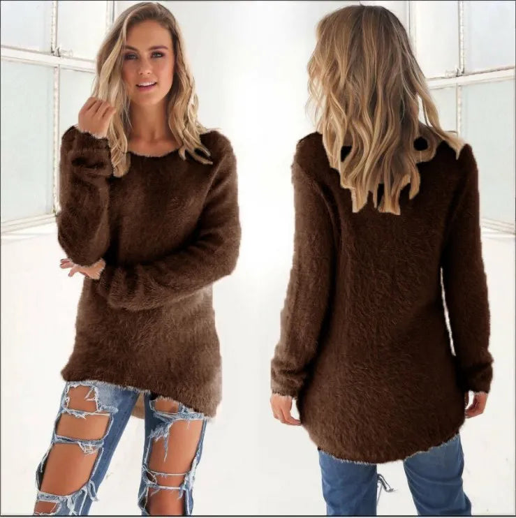 Fleece Solid Color O-Neck Pullover Women's Sweater to 5X