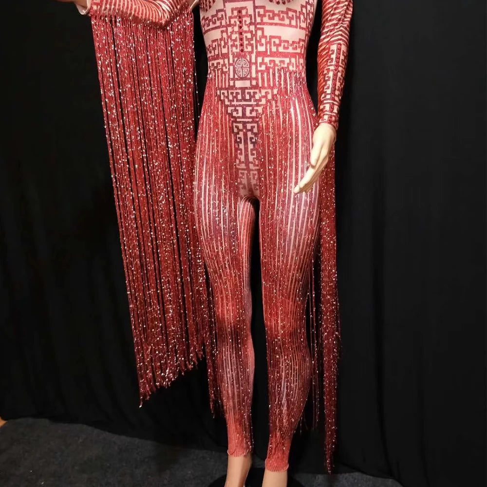 Tassel Fringe Design Red Rhinestone Long Sleeve Stretch Leotard Jumpsuit