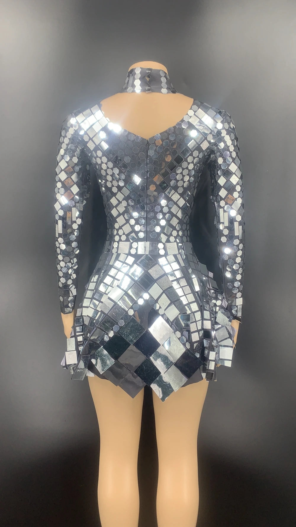 Sparkling Mirror Geometric Metallic Sequin Long Sleeve Formal Party Stage Performance Dress